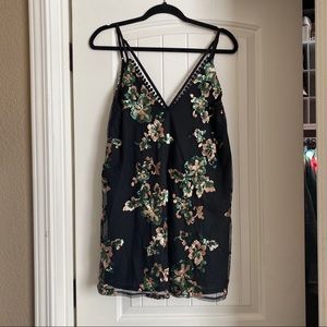 LF navy gold teal green sequin floral tank mini dress xs